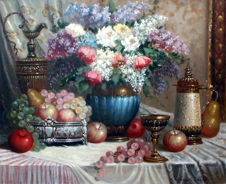 Bela Balogh: Still Life with Flowers, Fruit, Goblet and Beer Stein
