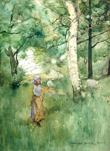Charles McKay: Shepherdess with Sheep in a Wood