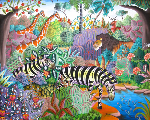Jerome Polycarpe: Jungle Animals at a Watering Hole