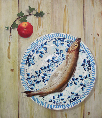 John Ryan: Still Life of Ivy, an Apple, and a Fish on a Plate