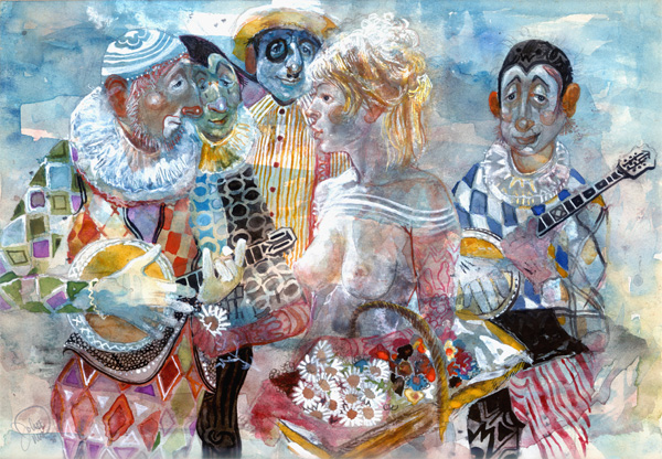 John Uht: A Flower Girl with a Group of Clowns