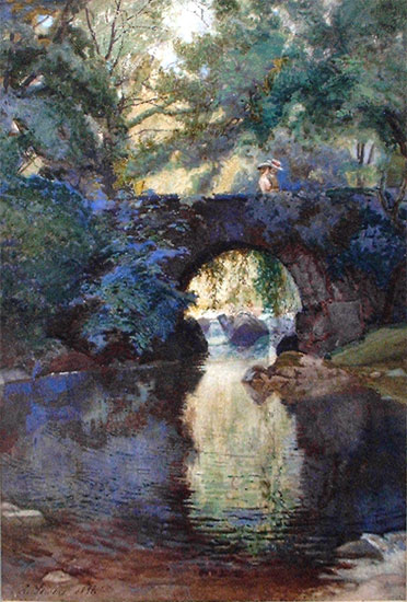 Samuel Towers: Fashionable Couple Crossing a Bridge in Woodland