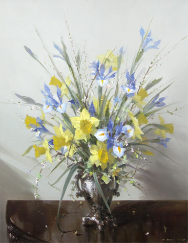 Vernon Ward: Still Life of Daffodils and Irises in a Silver Vase